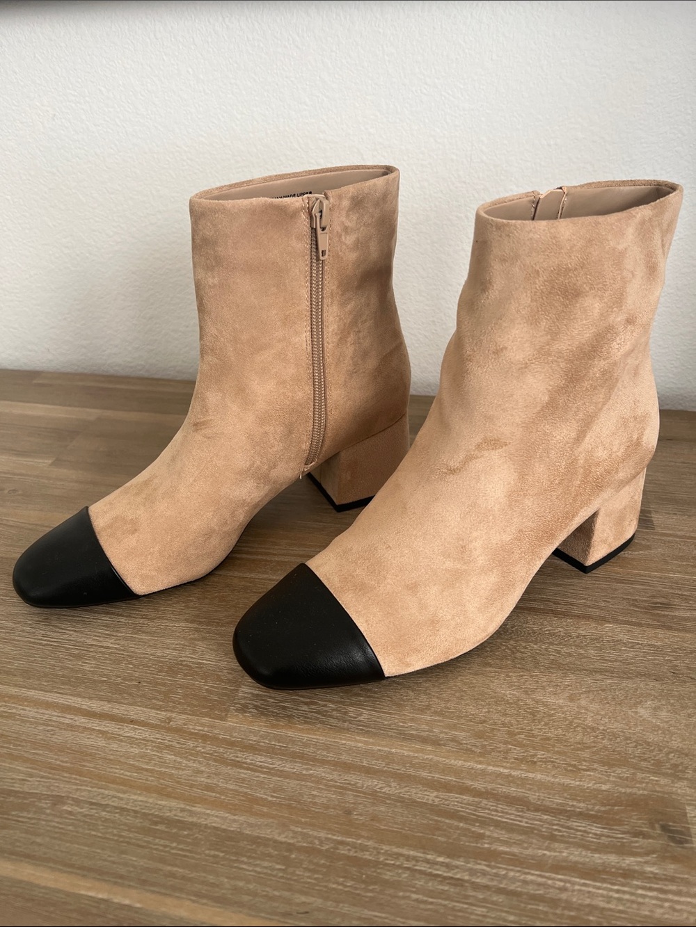 On 34th Vegan Suede Ankle Boots with Black Cap Toe